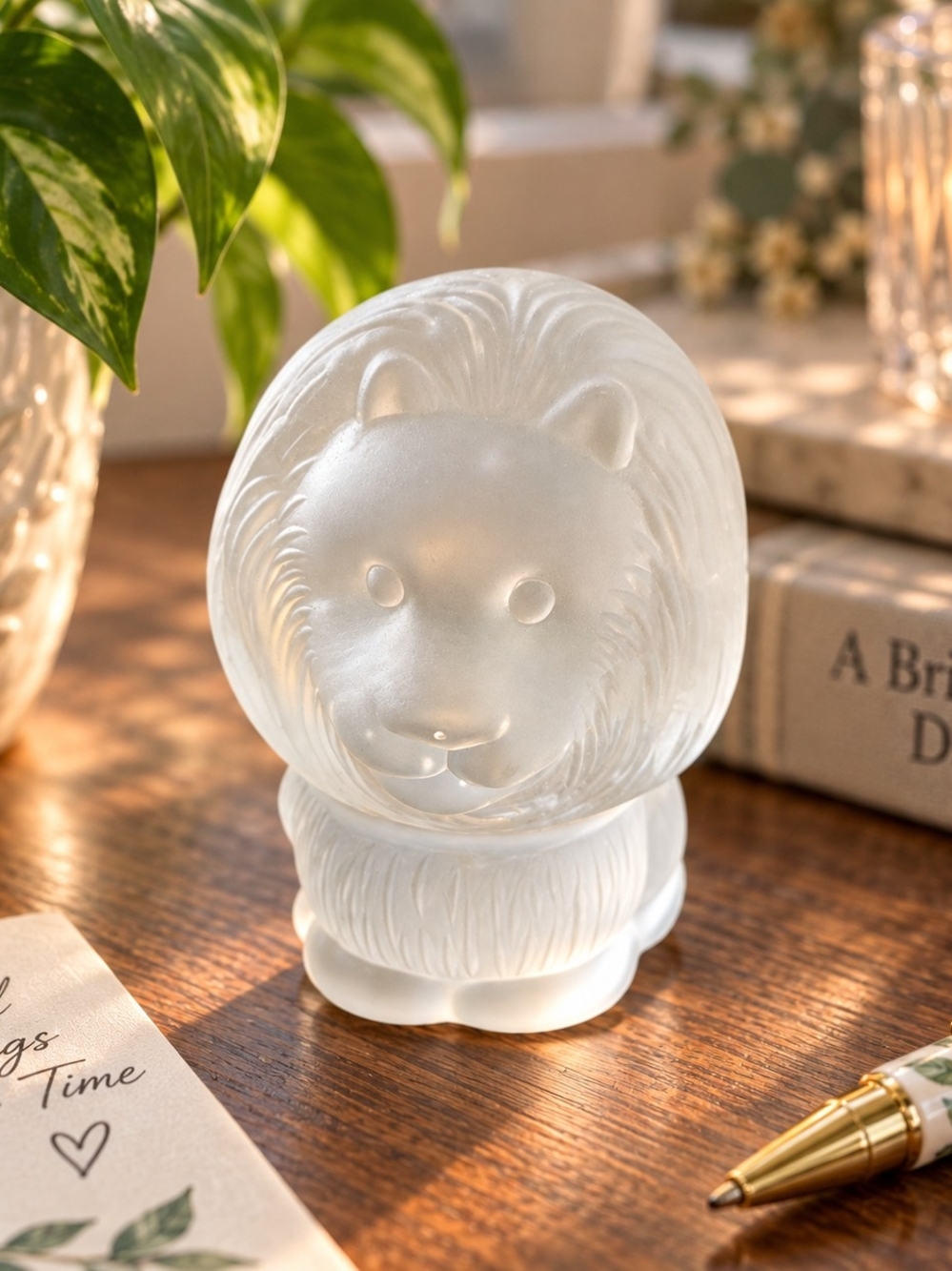 Frosted Glass Lion Figurine - Clear Paperweight Vintage